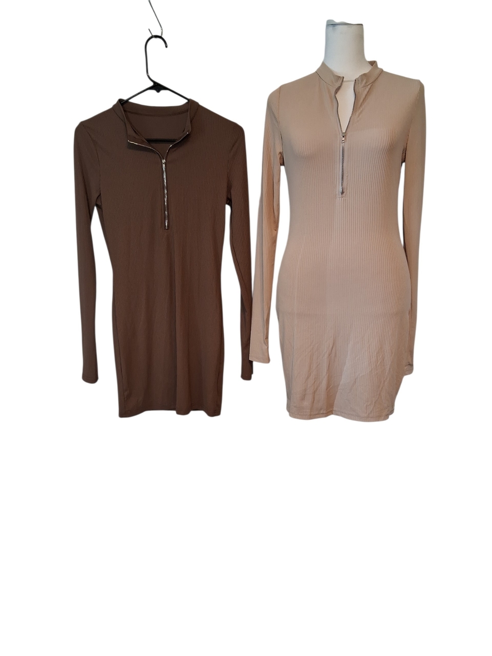 SHEIN Bundle Long Sleeve Ribbed Mini Zip-Front Dresses - Brown & Beige